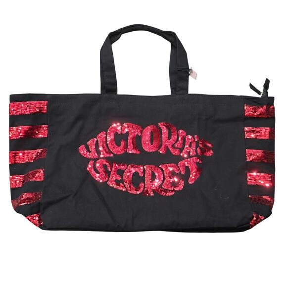 Victoria Secret Red & Black Sequin Lip Shoulder Overnight Tote Beach Bag - Picture 1 of 9